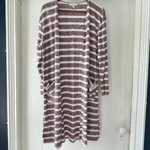 Nine West Womens Small Open Long Cardigan Duster Striped Gray Burgundy EUC